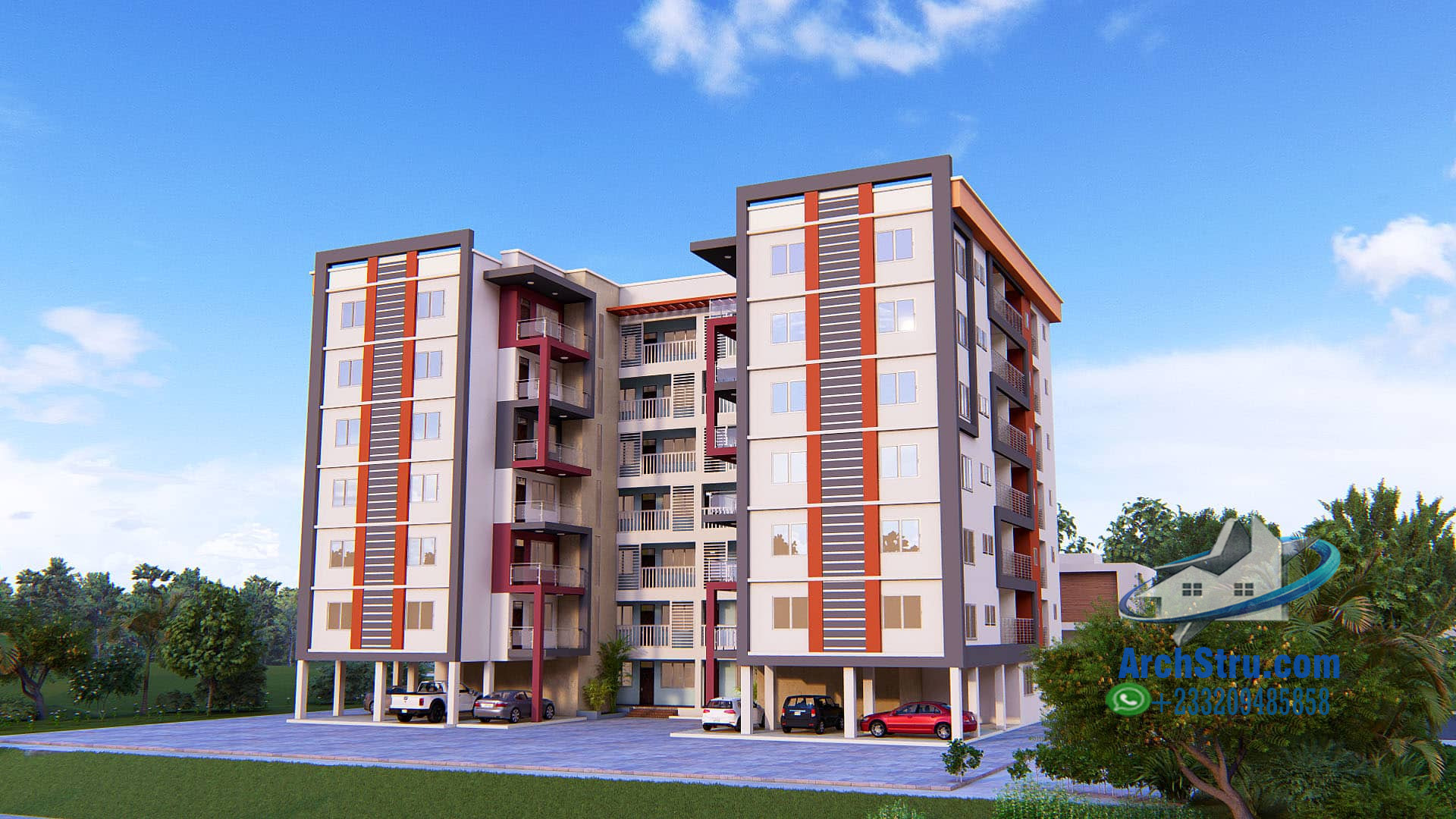 Modern 6-storey multi-storey apartment design with parking and greenery