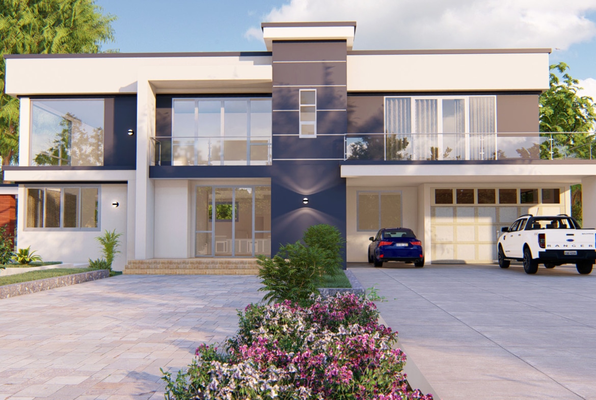 Modern 4-bedroom duplex with sleek architecture and spacious driveway