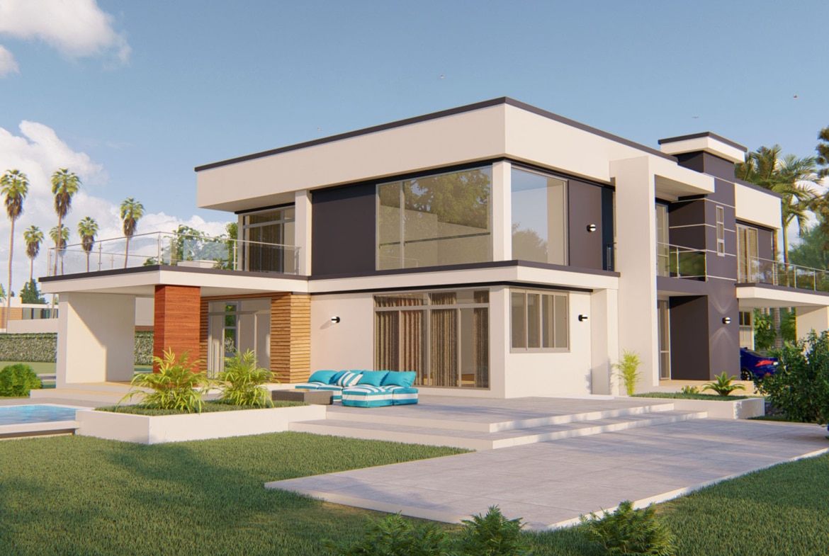 Modern 4-bedroom duplex with sleek architecture and spacious lawn