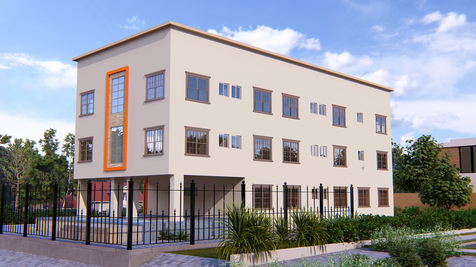 hotel exterior design with landscaped entrance