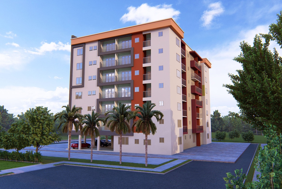 Modern multi-storey apartment building with six levels and balcony features