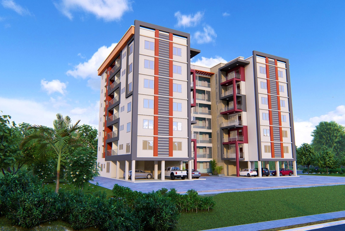 Modern multi-storey apartment building with six floors and contemporary design