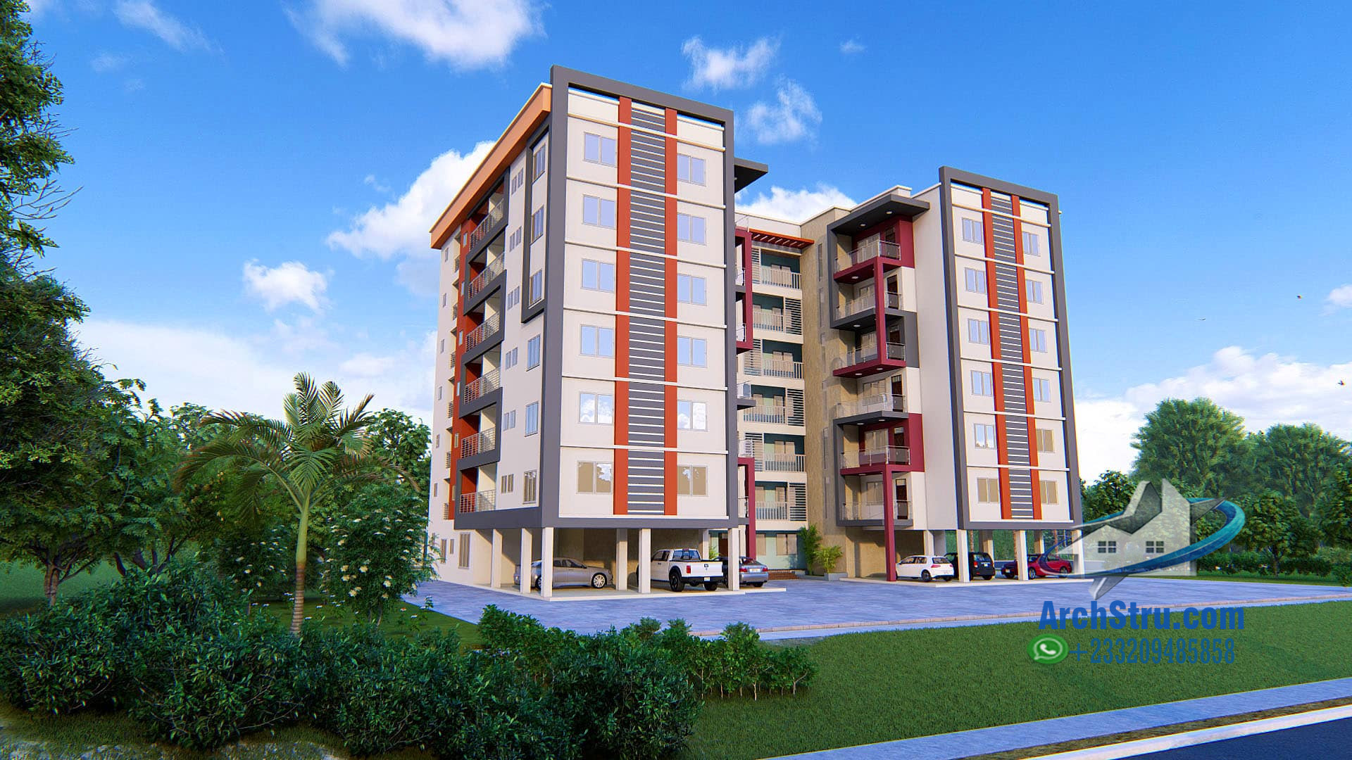 Modern multi-storey apartment building with six floors and contemporary design