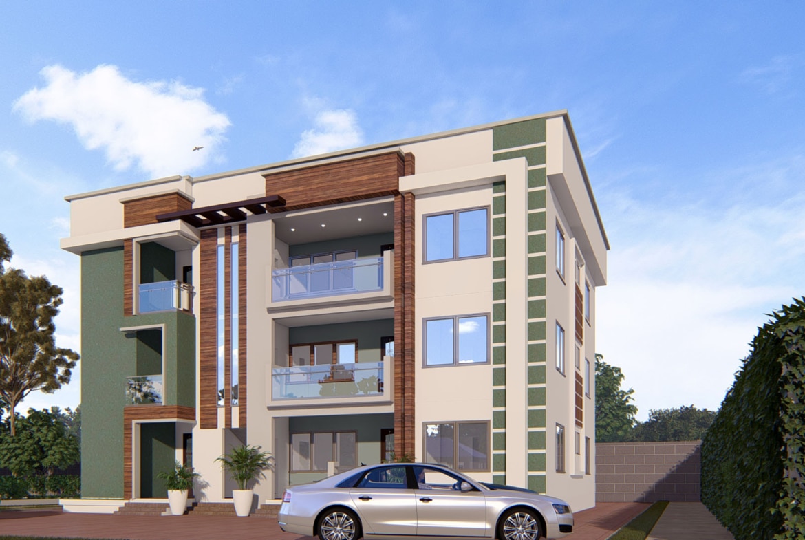 Modern apartment building exterior with cars, trees, and blue sky
