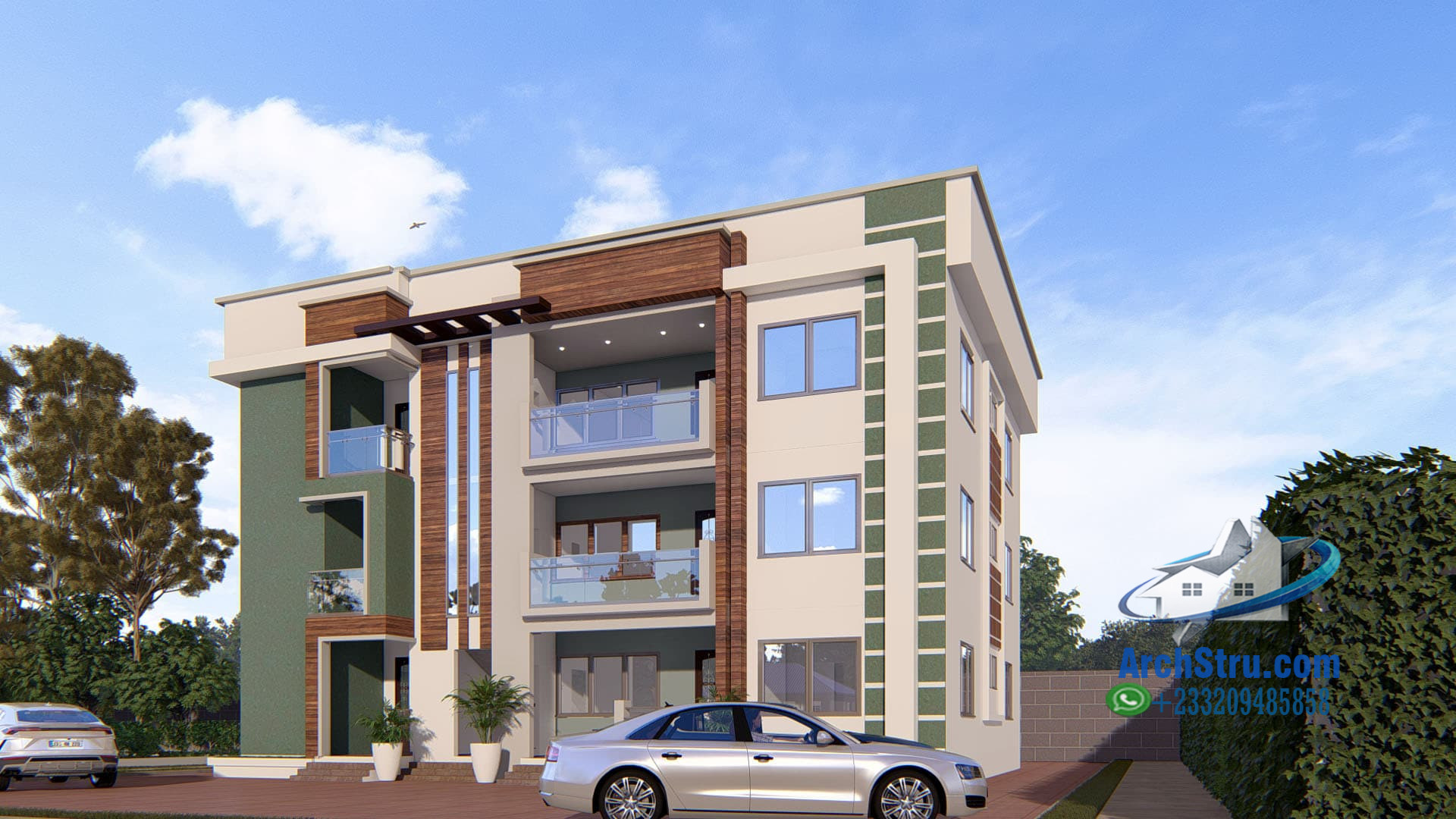 Modern apartment building exterior with cars, trees, and blue sky