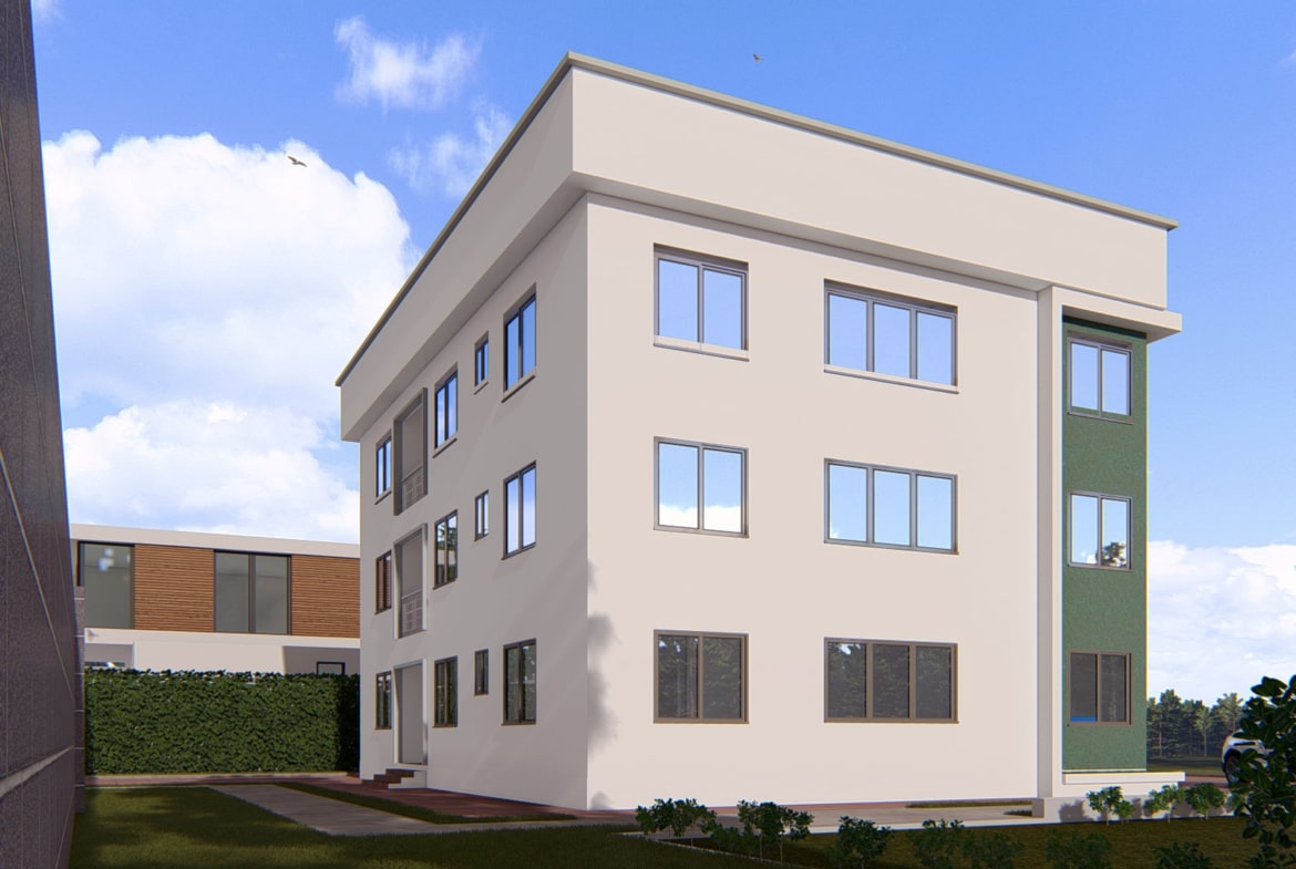 Modern apartment building exterior architecture with green accents