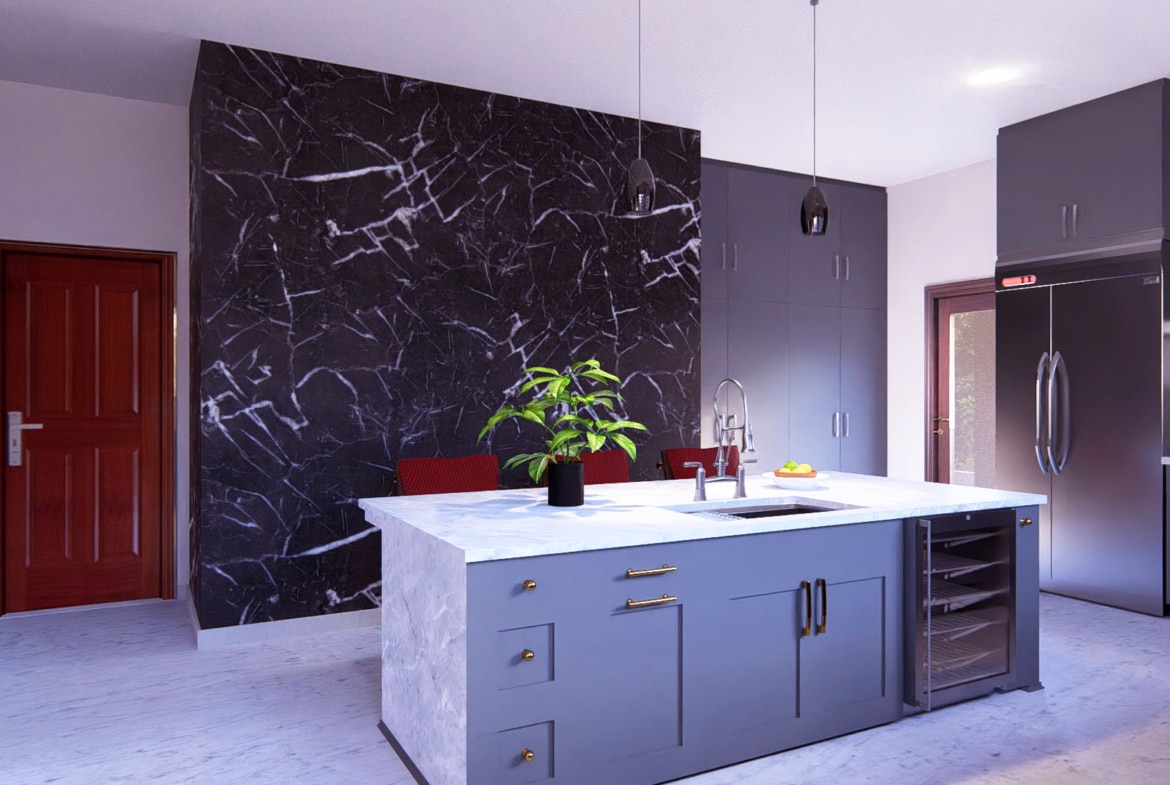 Modern kitchen design with island and black marble accent wall