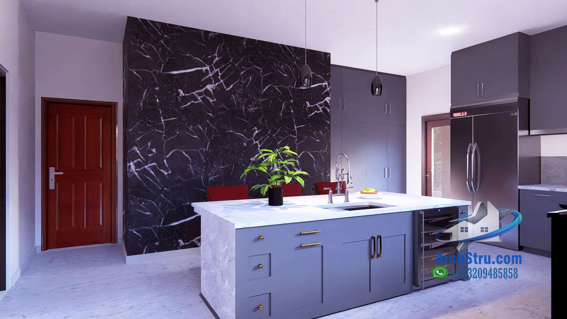Modern kitchen design with island and black marble accent wall