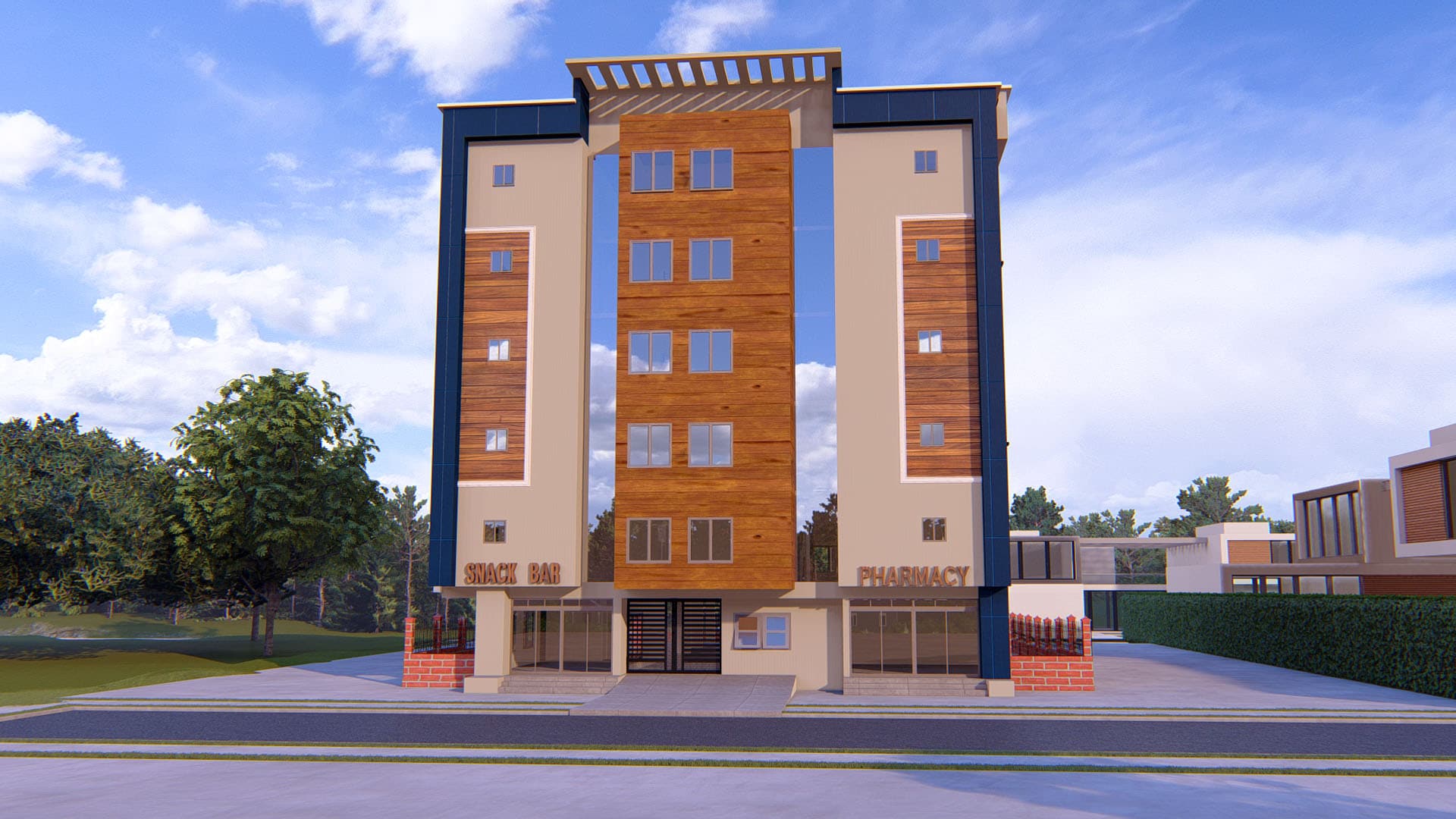 modern student hostel building with parking area