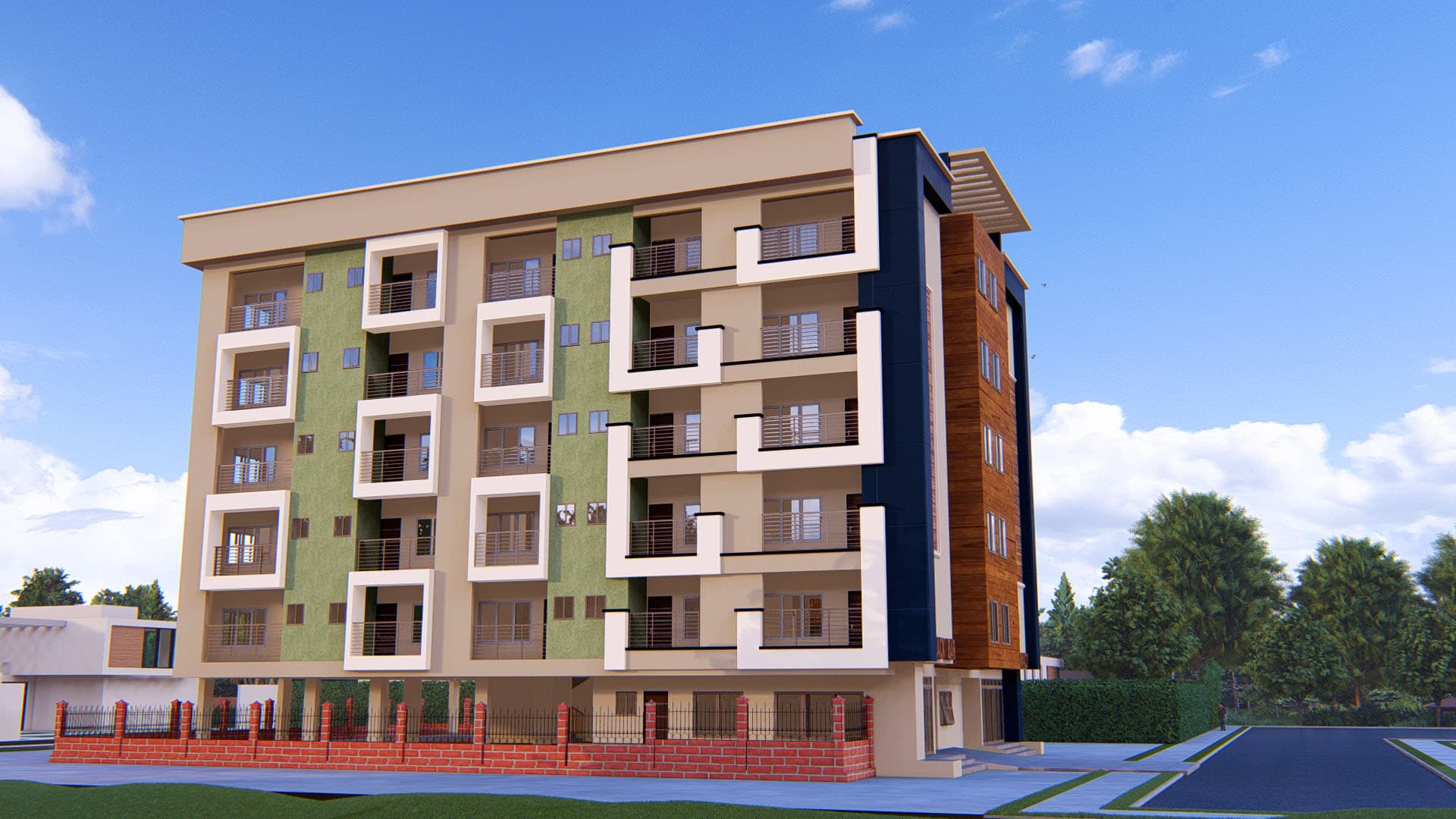 student hostel with balconies and outdoor spaces