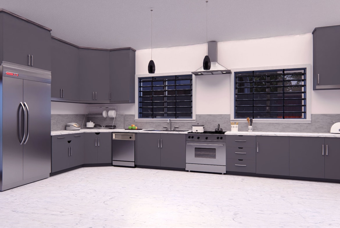 Modern kitchen design with island, featuring sleek cabinetry and stainless steel appliances