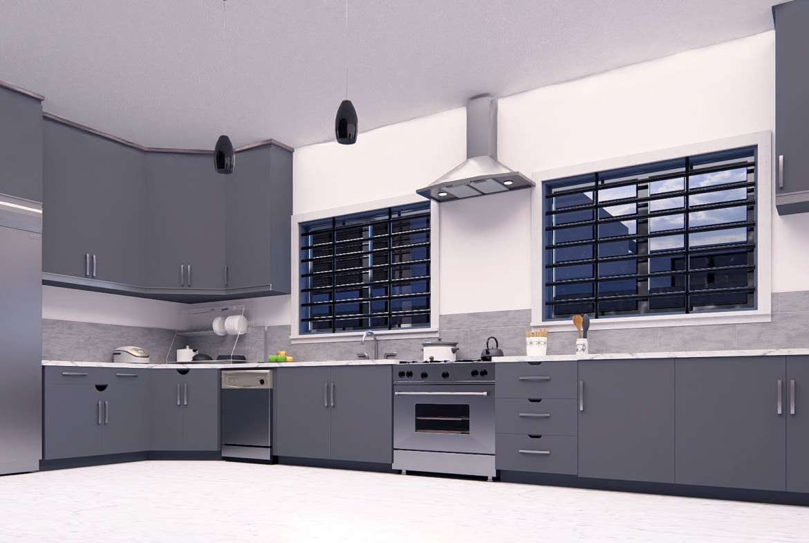 Modern kitchen design with island, featuring gray cabinets and stainless steel appliances