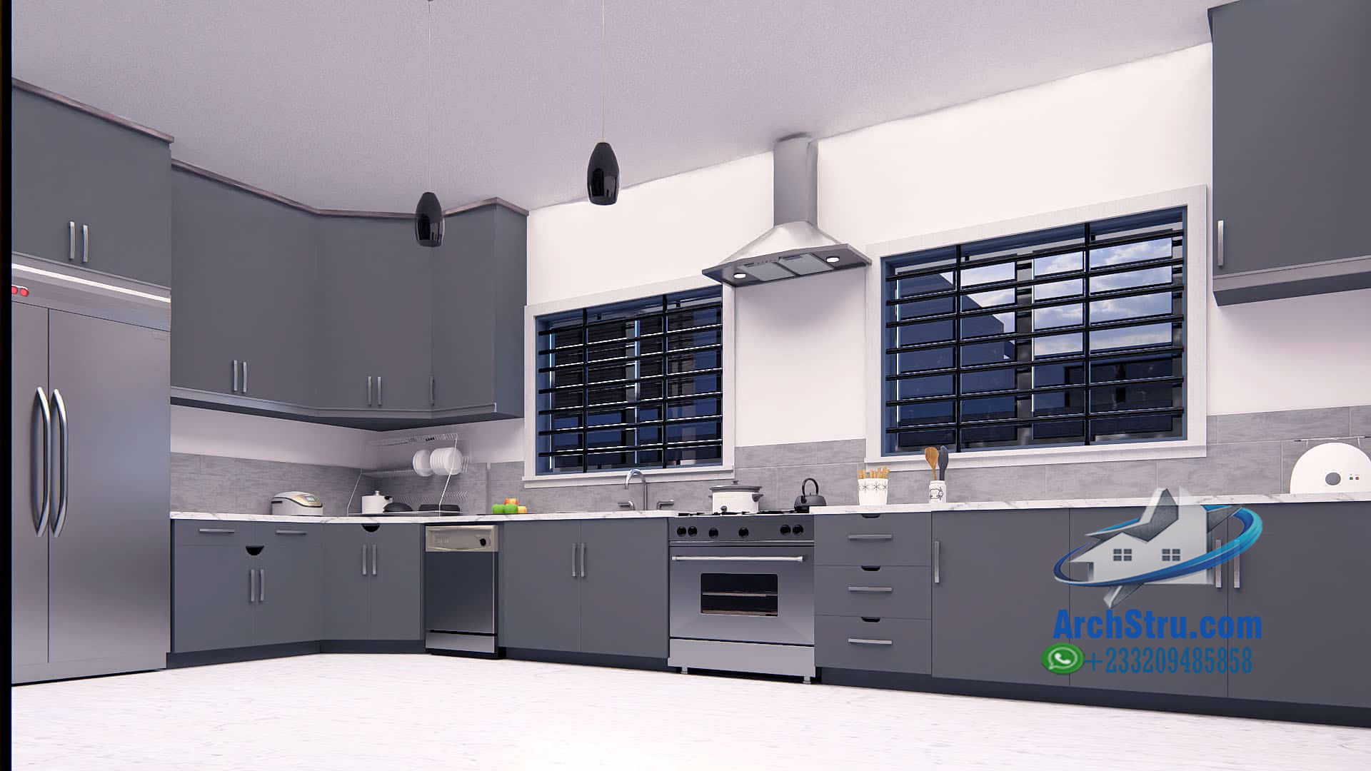 Modern kitchen design with island, featuring gray cabinets and stainless steel appliances