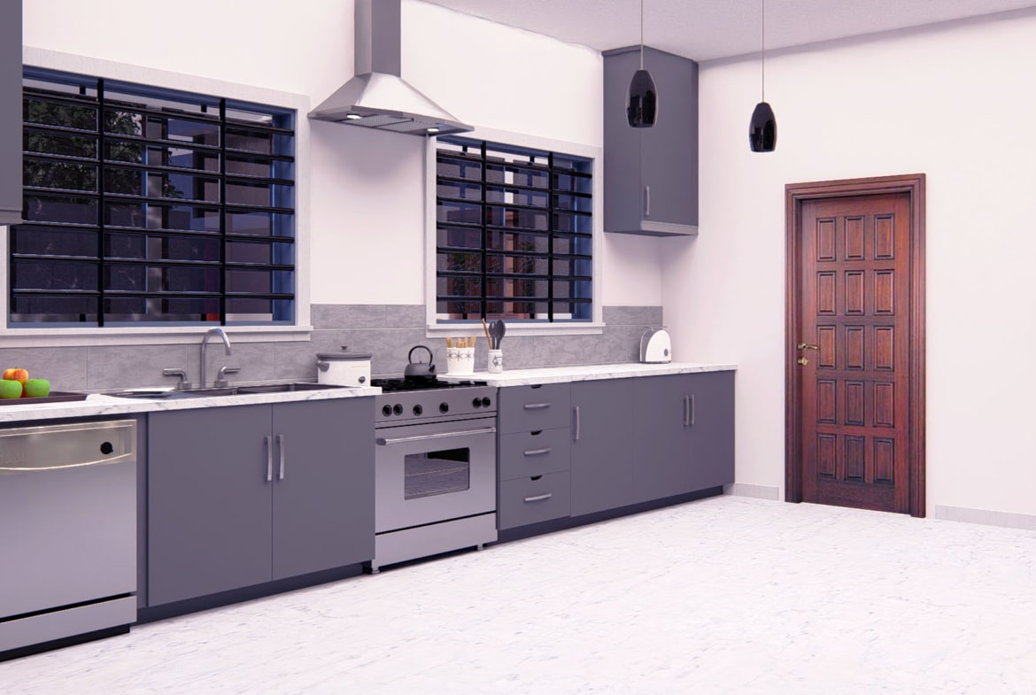 Modern kitchen design with island, featuring gray cabinets and stainless steel appliances