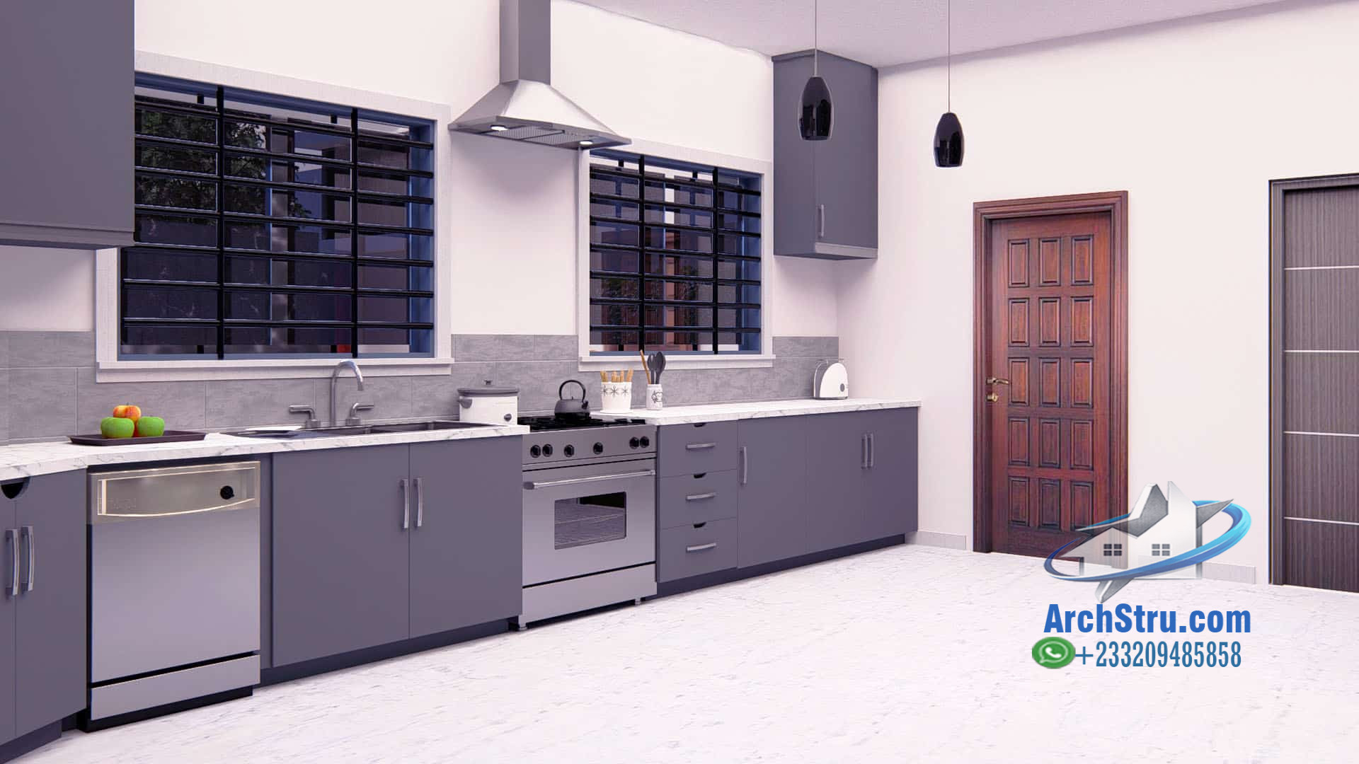 Modern kitchen design with island, featuring gray cabinets and stainless steel appliances