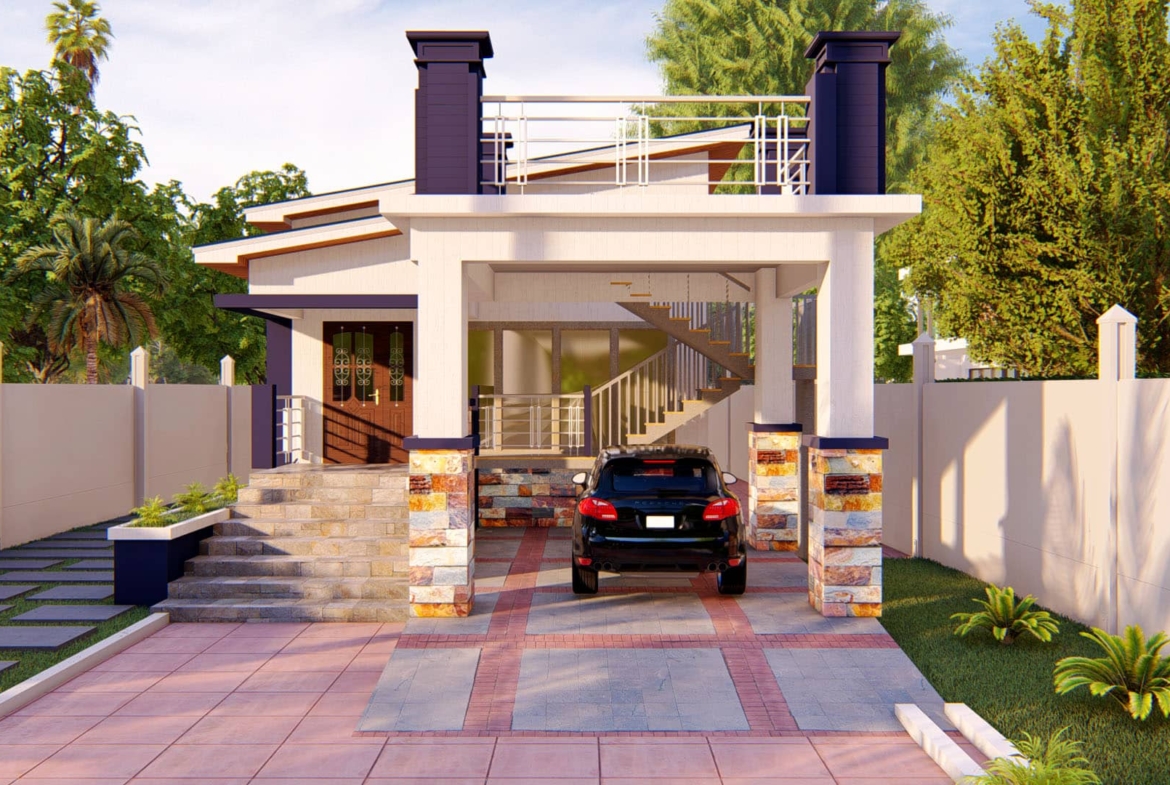 Modern slim 3-bedroom house design with garage and garden