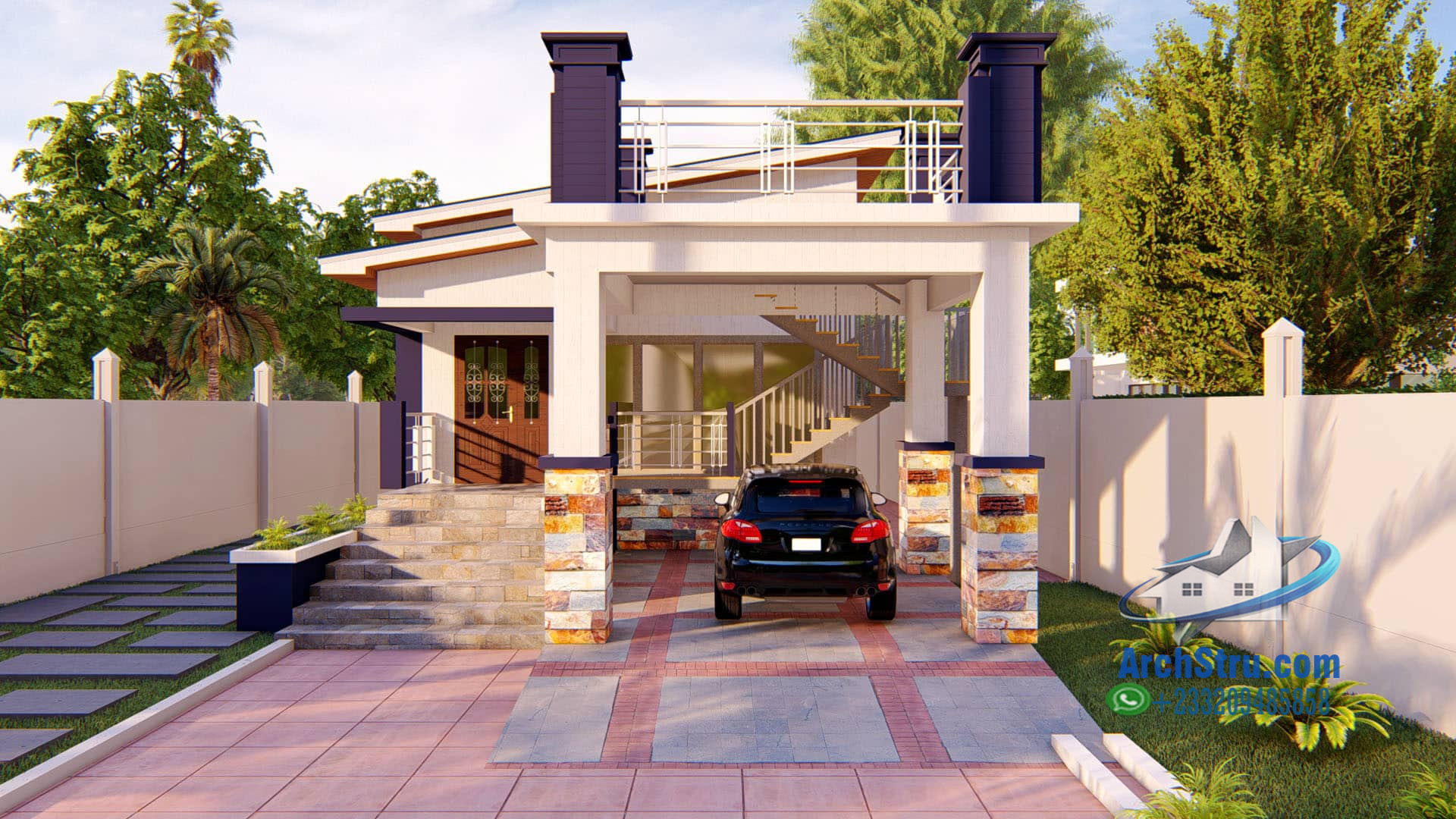 Modern slim 3-bedroom house design with garage and garden