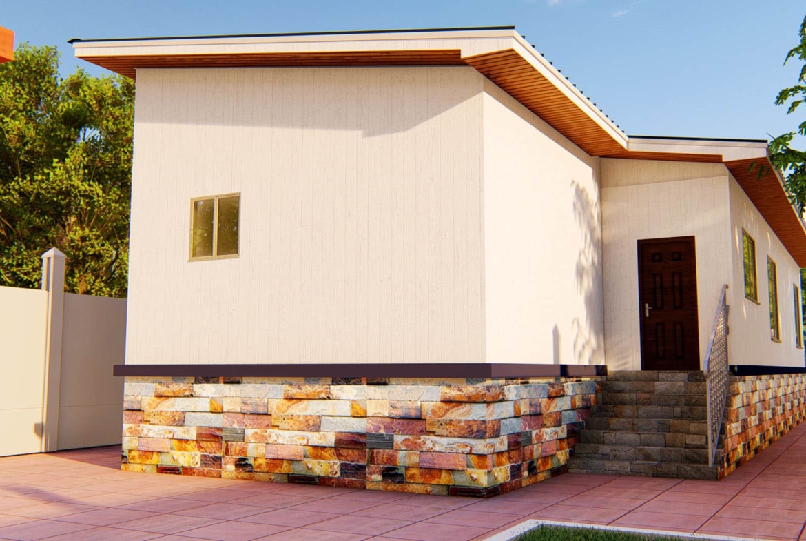Slim 3-bedroom house design with modern exterior and stone base