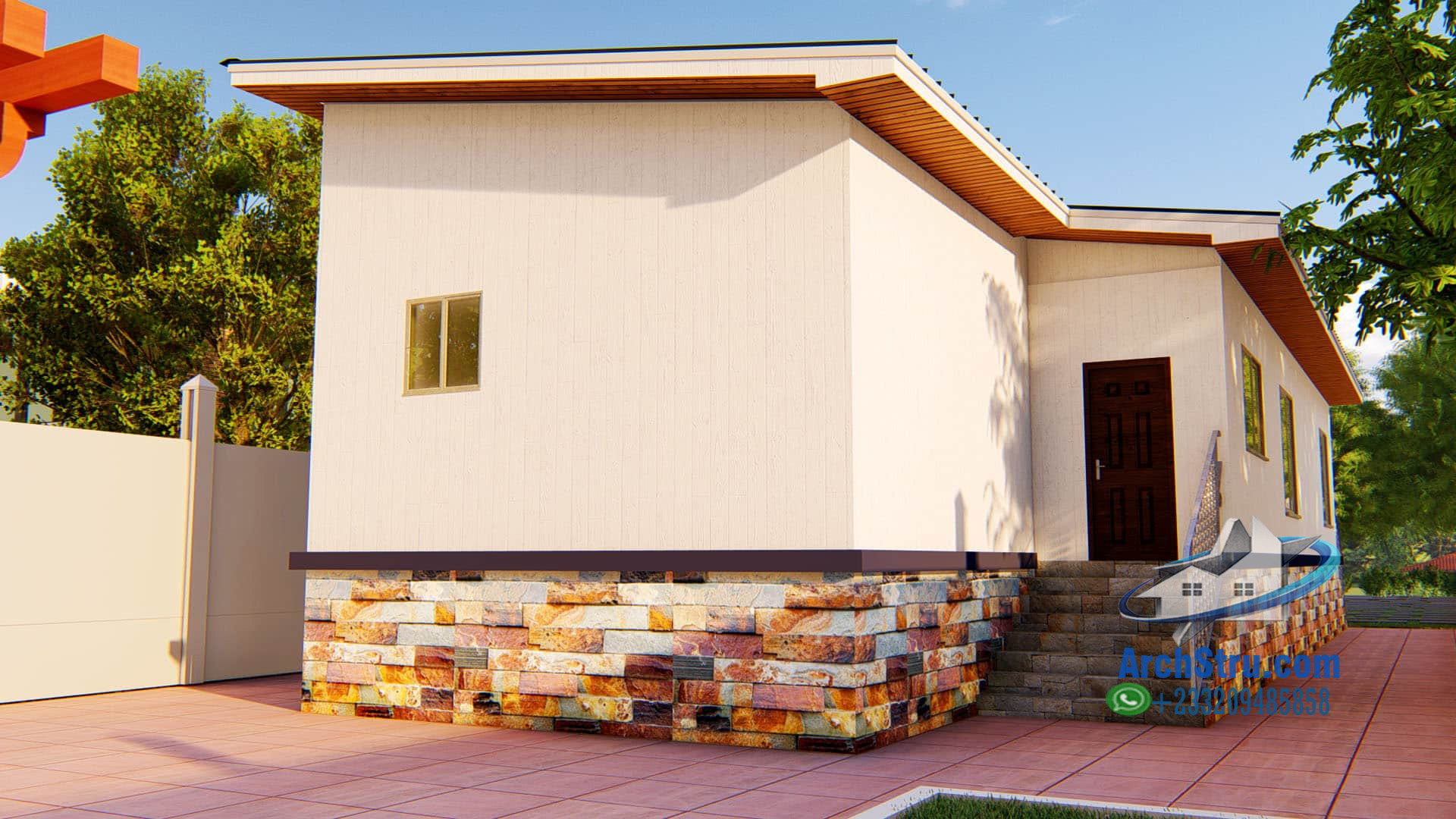Slim 3-bedroom house design with modern exterior and stone base