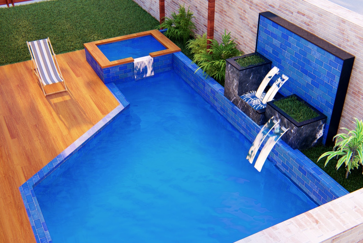 Modern swimming pool design with blue tiles and water features
