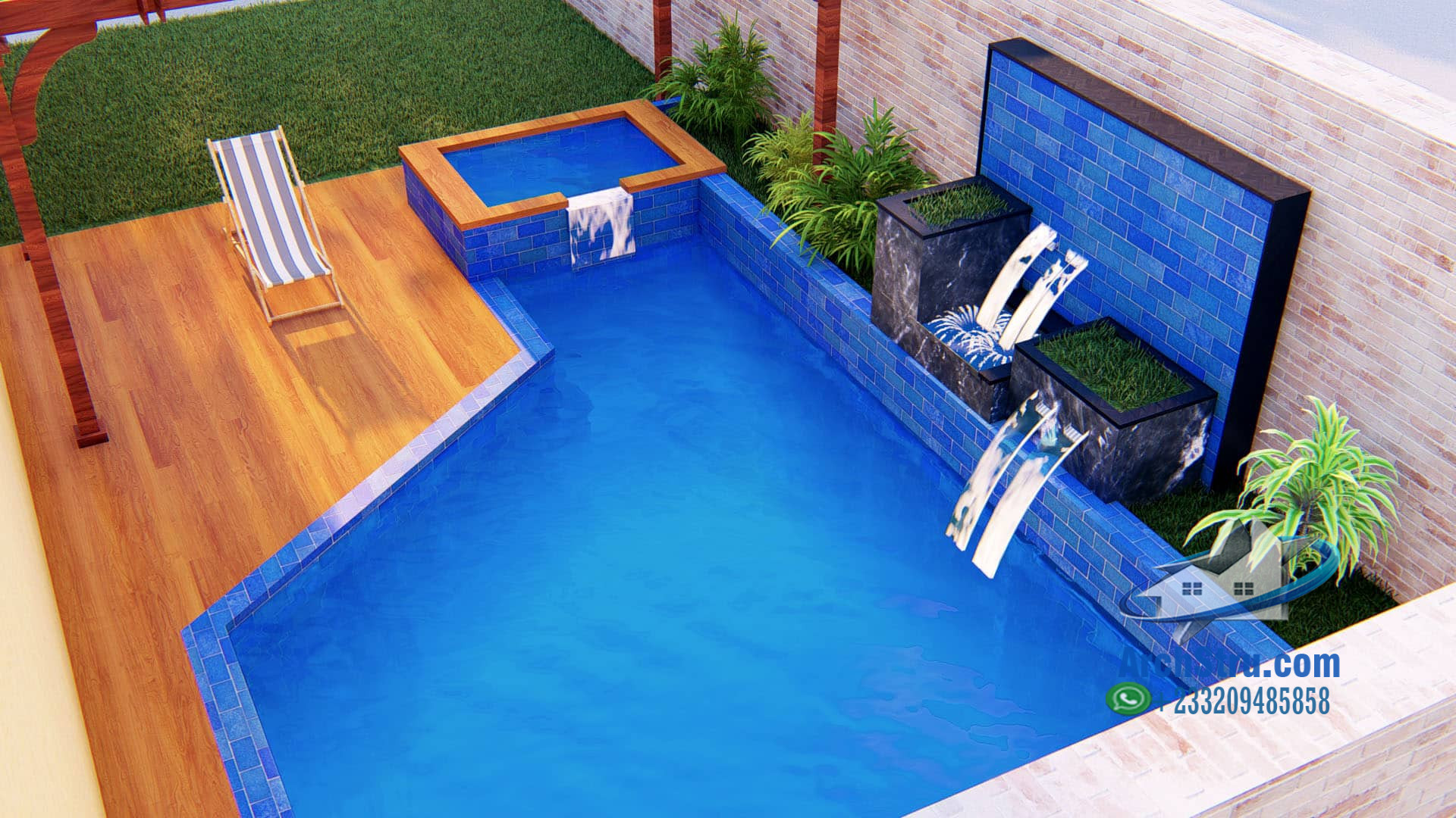 Modern swimming pool design with blue tiles and water features