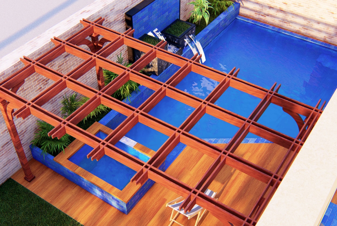 Modern swimming pool design with wooden pergola and waterfall feature