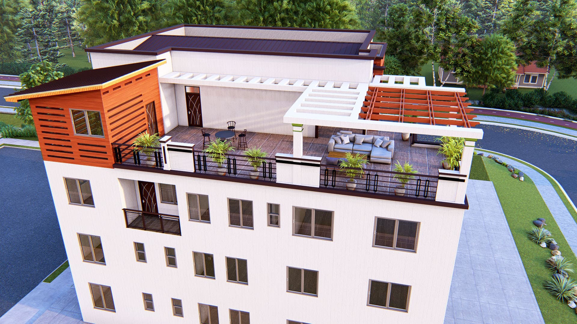 modern apartment design with multiple bedrooms and roof-top