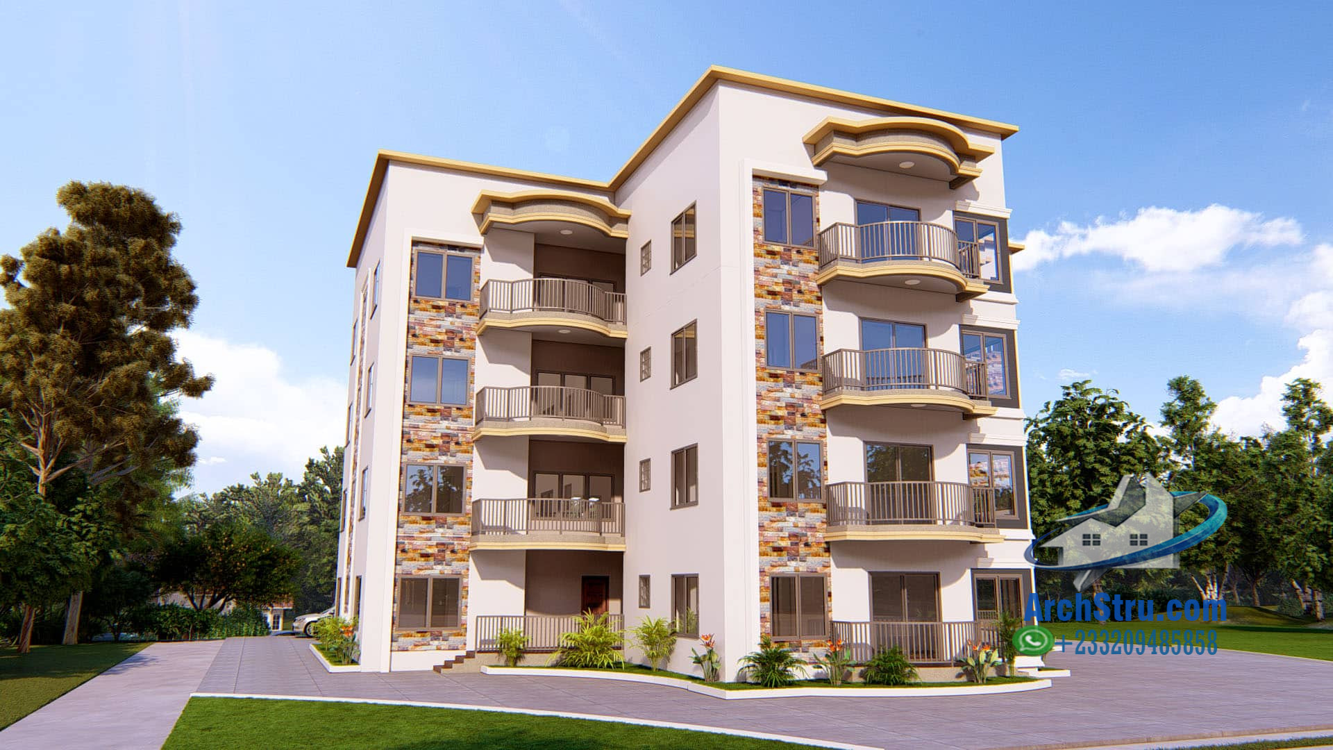 Modern apartment exterior design with a stylish building facade
