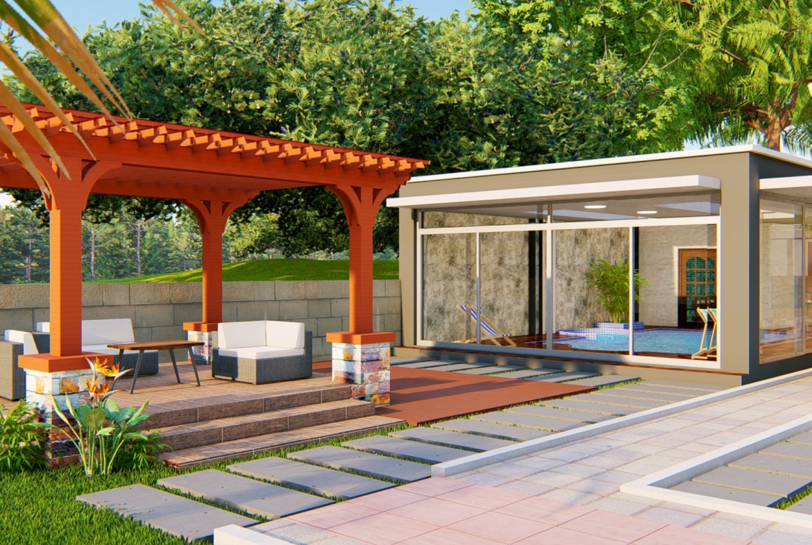 backyard residential landscape design with patio and grass