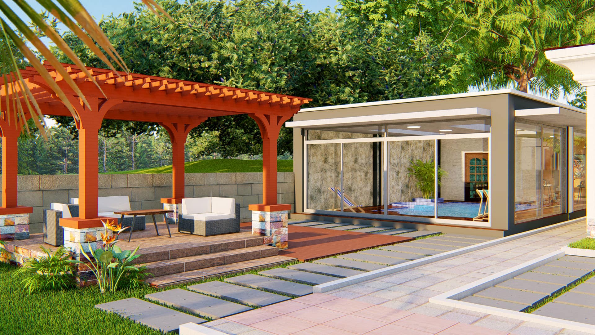 backyard residential landscape design with patio and grass