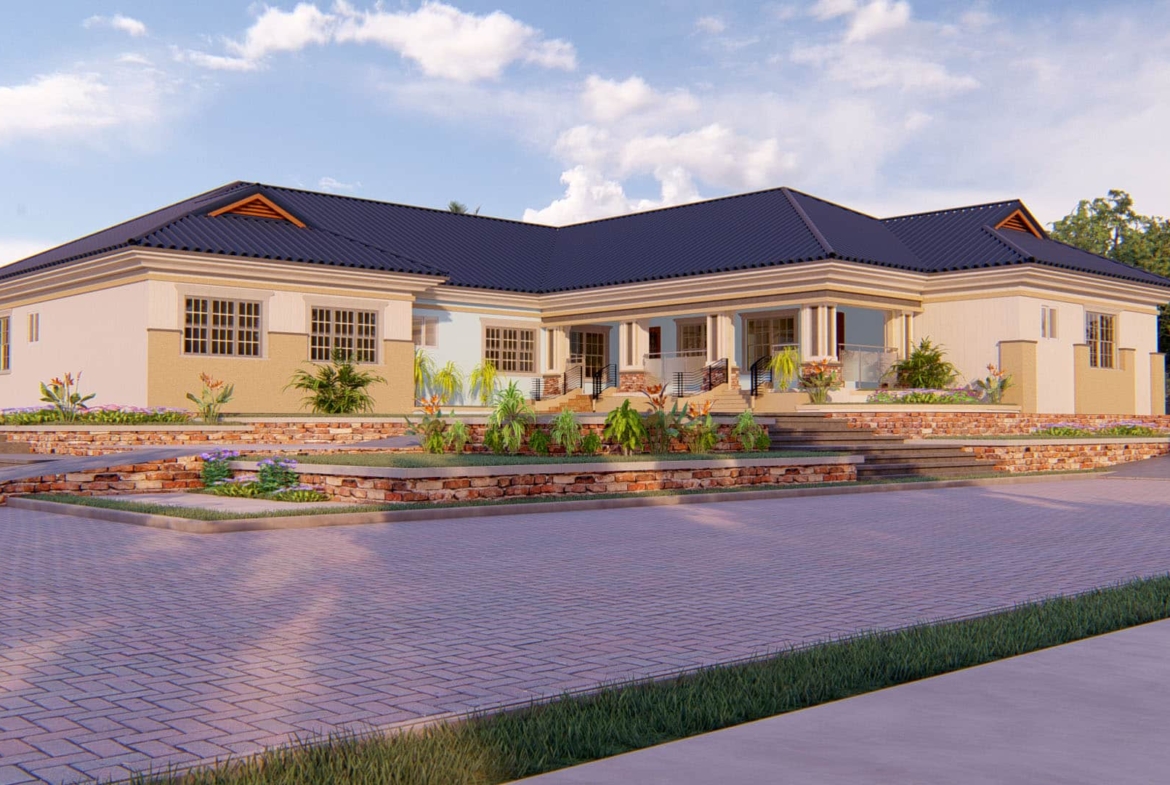 5-bedroom family house design with a modern facade and elegant landscaping