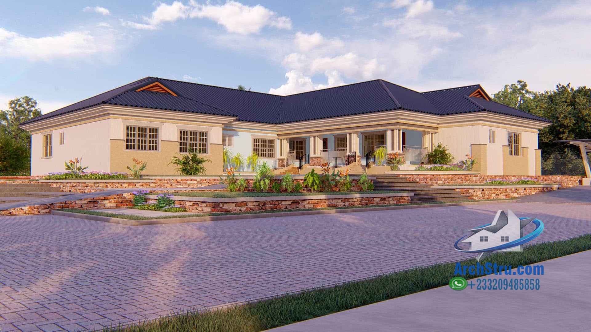 5-bedroom family house design with a modern facade and elegant landscaping