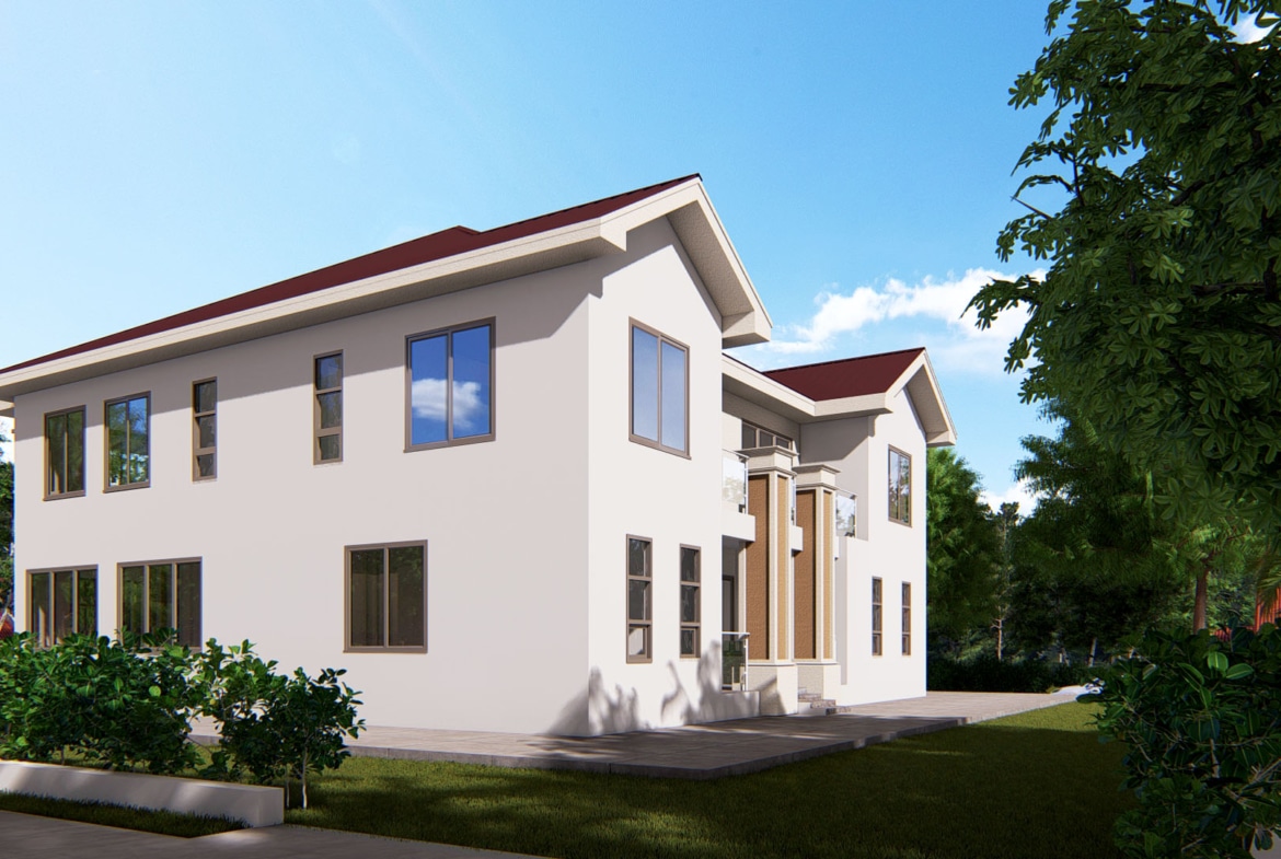 5 bedroom duplex exterior with landscaping and garden