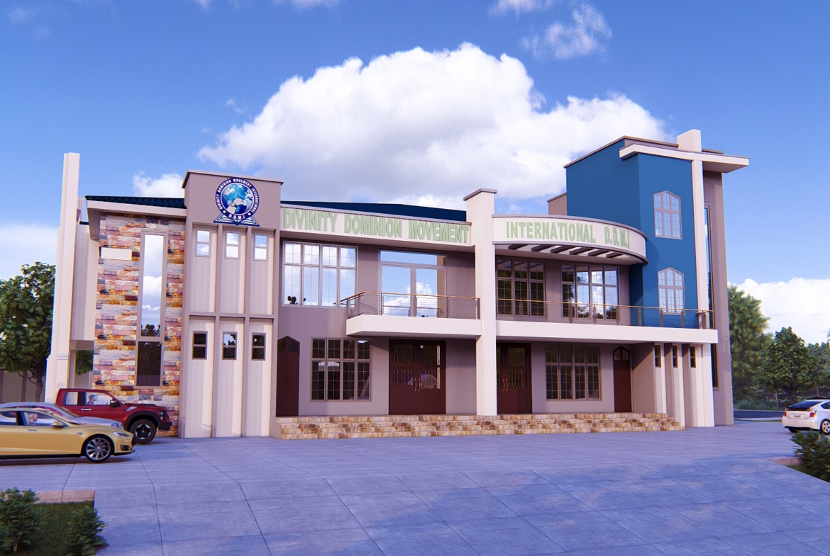 Modern church building with contemporary architecture and international hall signage