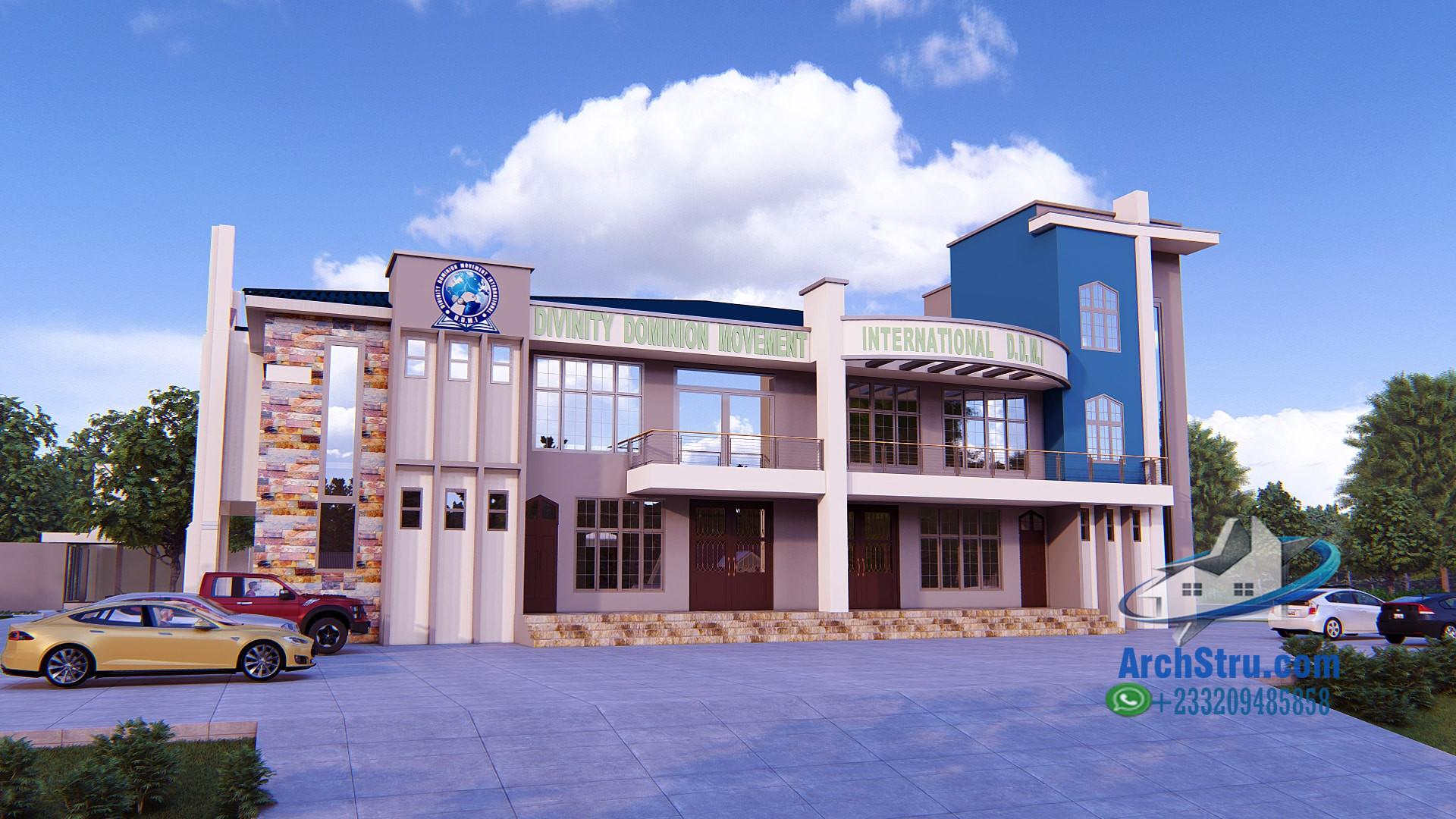 Modern church building with contemporary architecture and international hall signage