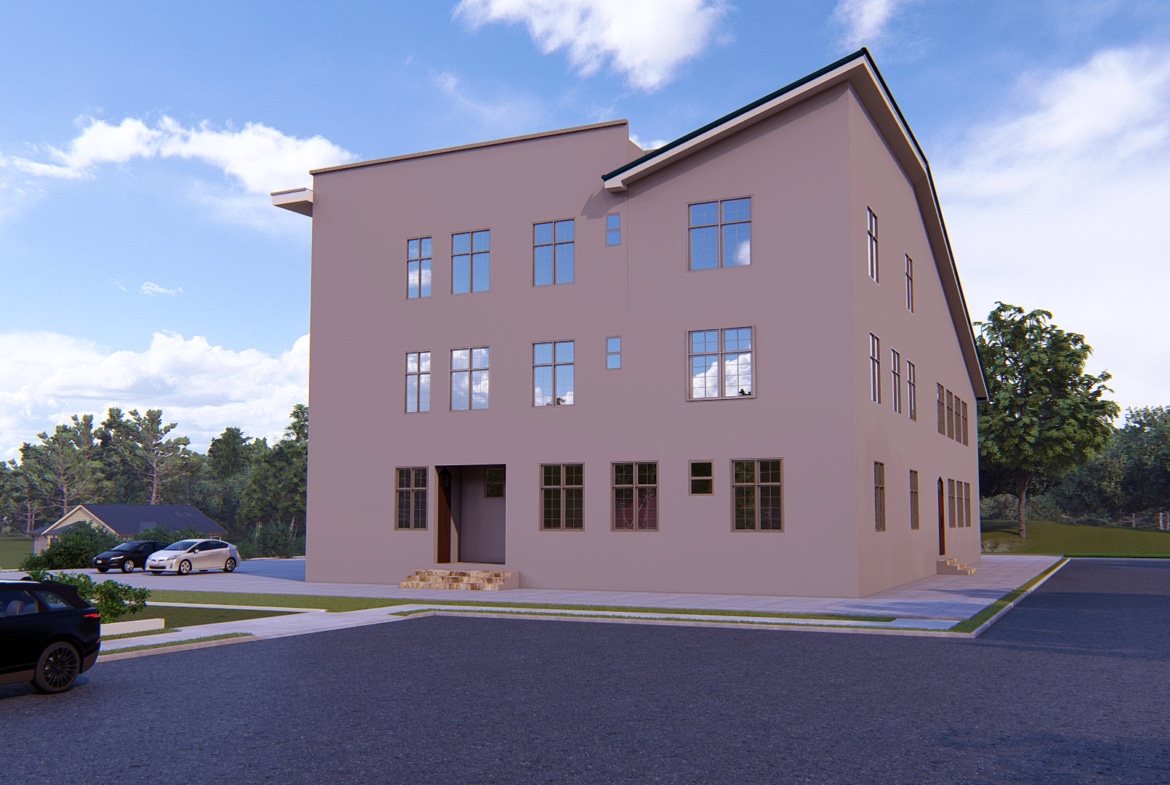 Modern church building with clean lines and large windows