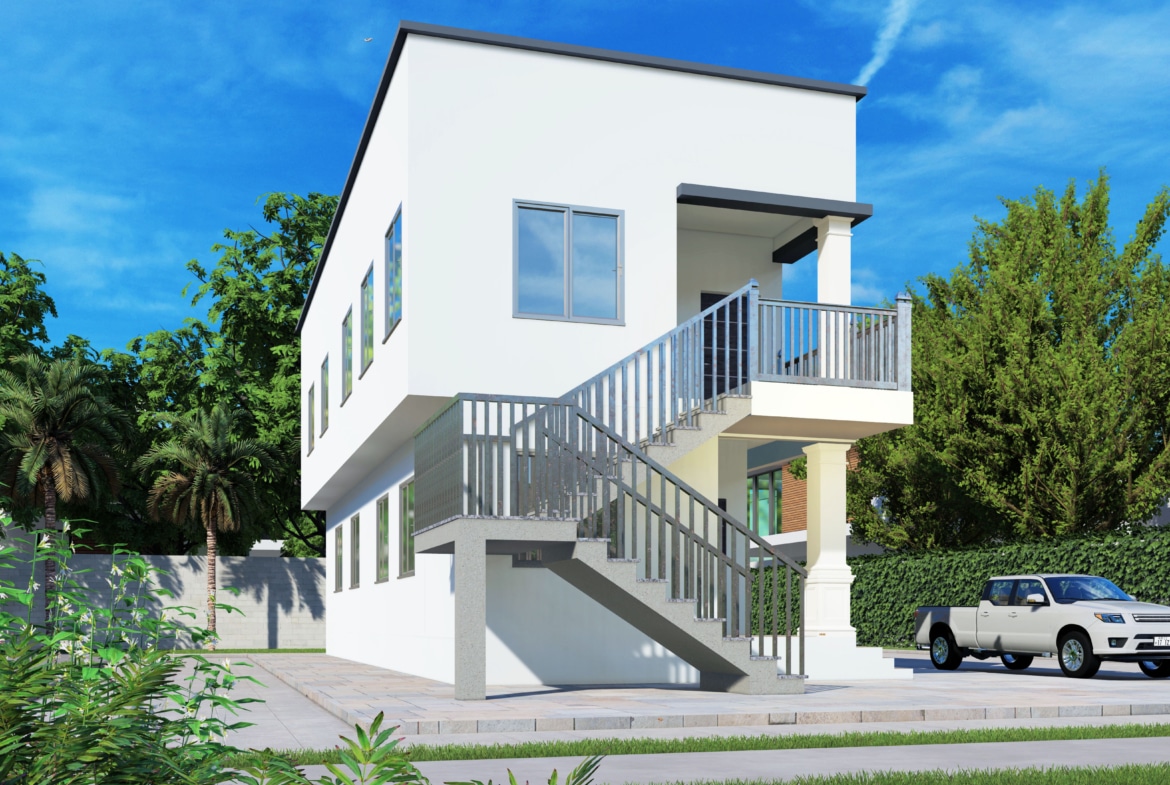 Modern narrow 1 bedroom house design with external staircase and car park