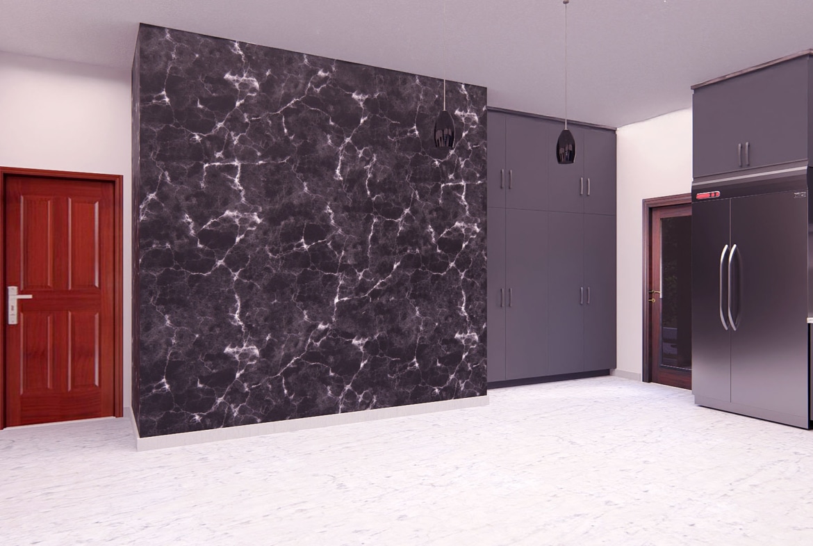 Modern kitchen design with island, featuring gray cabinets and marble flooring