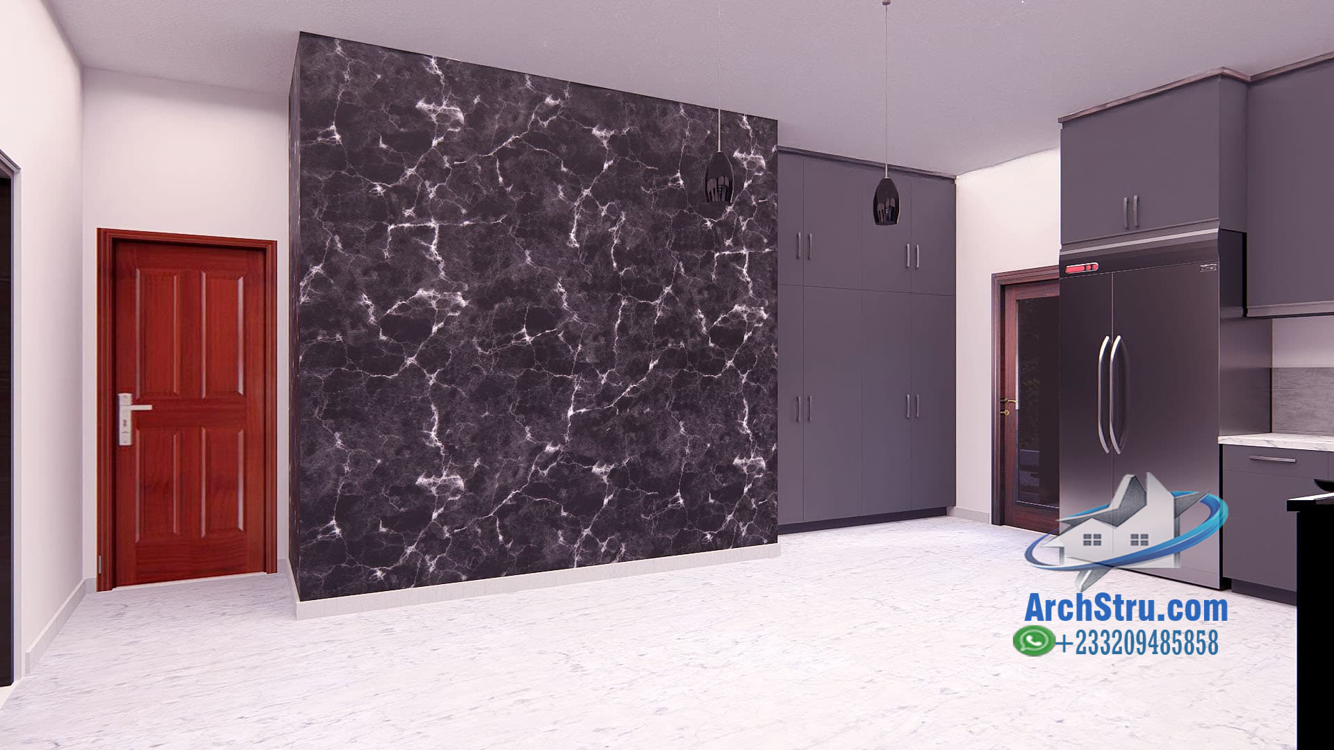 Modern kitchen design with island, featuring gray cabinets and marble flooring