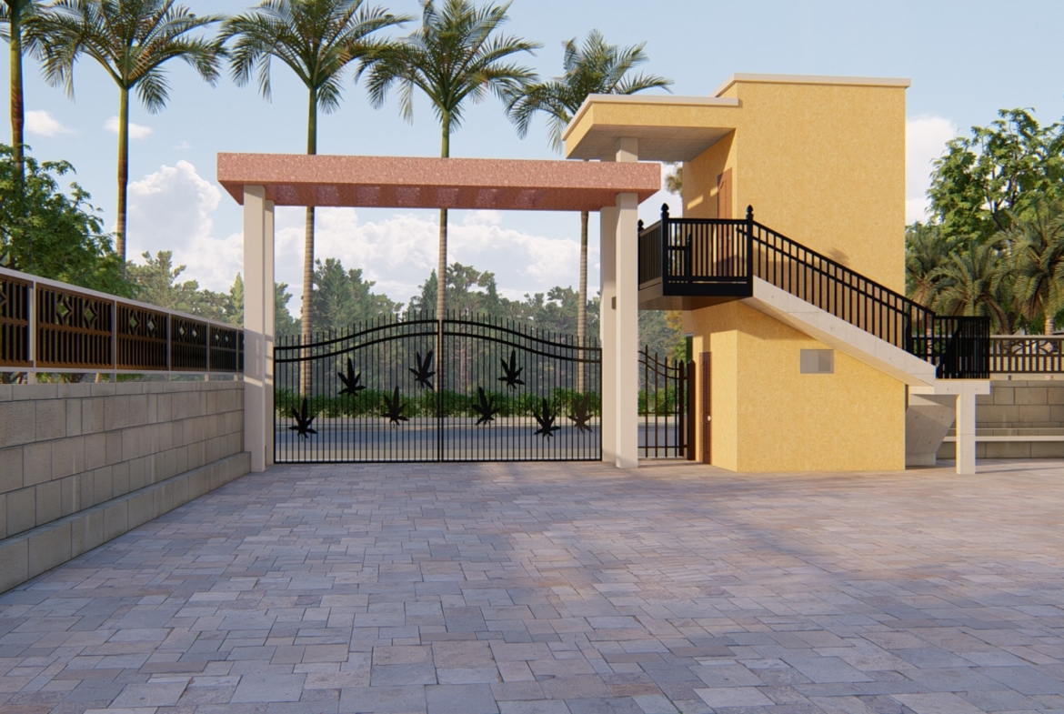 Modern school entrance design with gated entry and landscaped surroundings