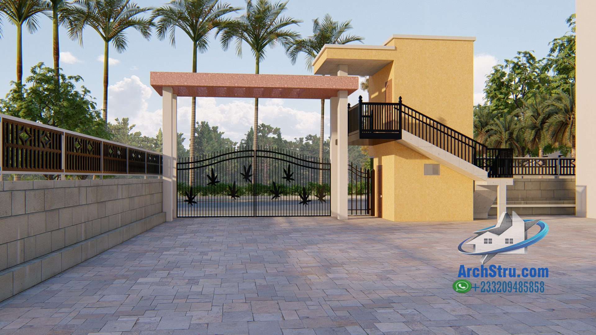 Modern school entrance design with gated entry and landscaped surroundings