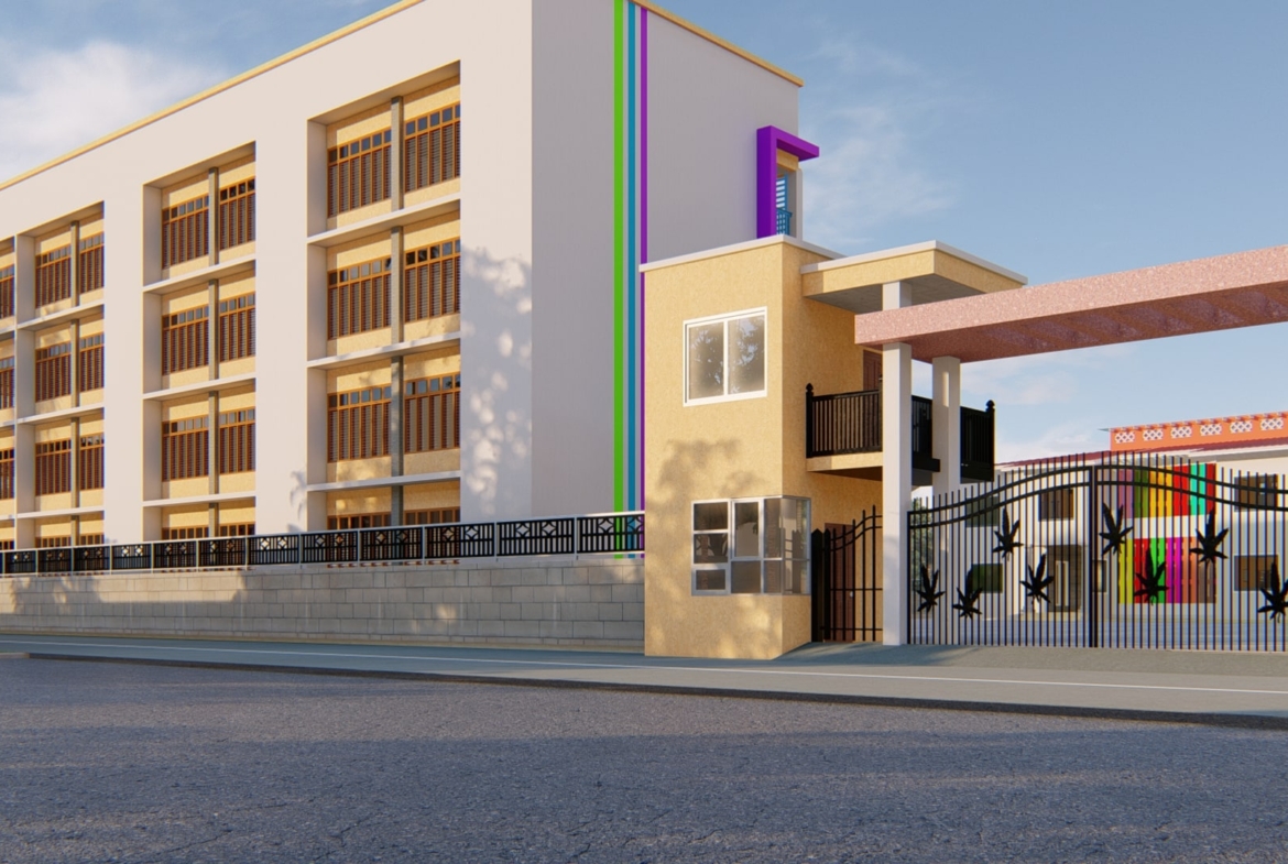 Modern school entrance design with multi-story building and gated entry