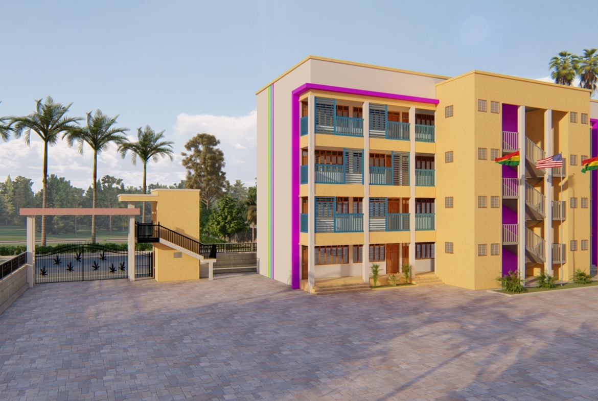 Modern school entrance design with colorful building and palm trees