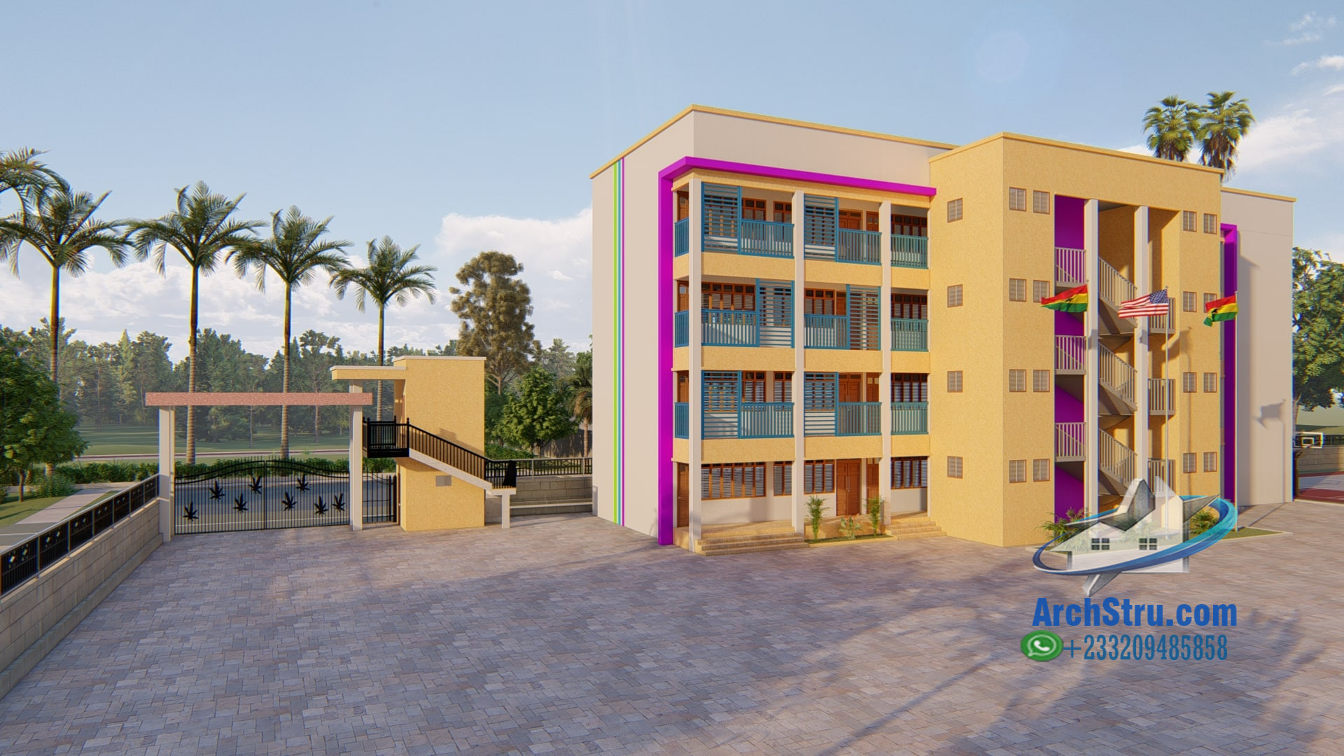 Modern school entrance design with colorful building and palm trees