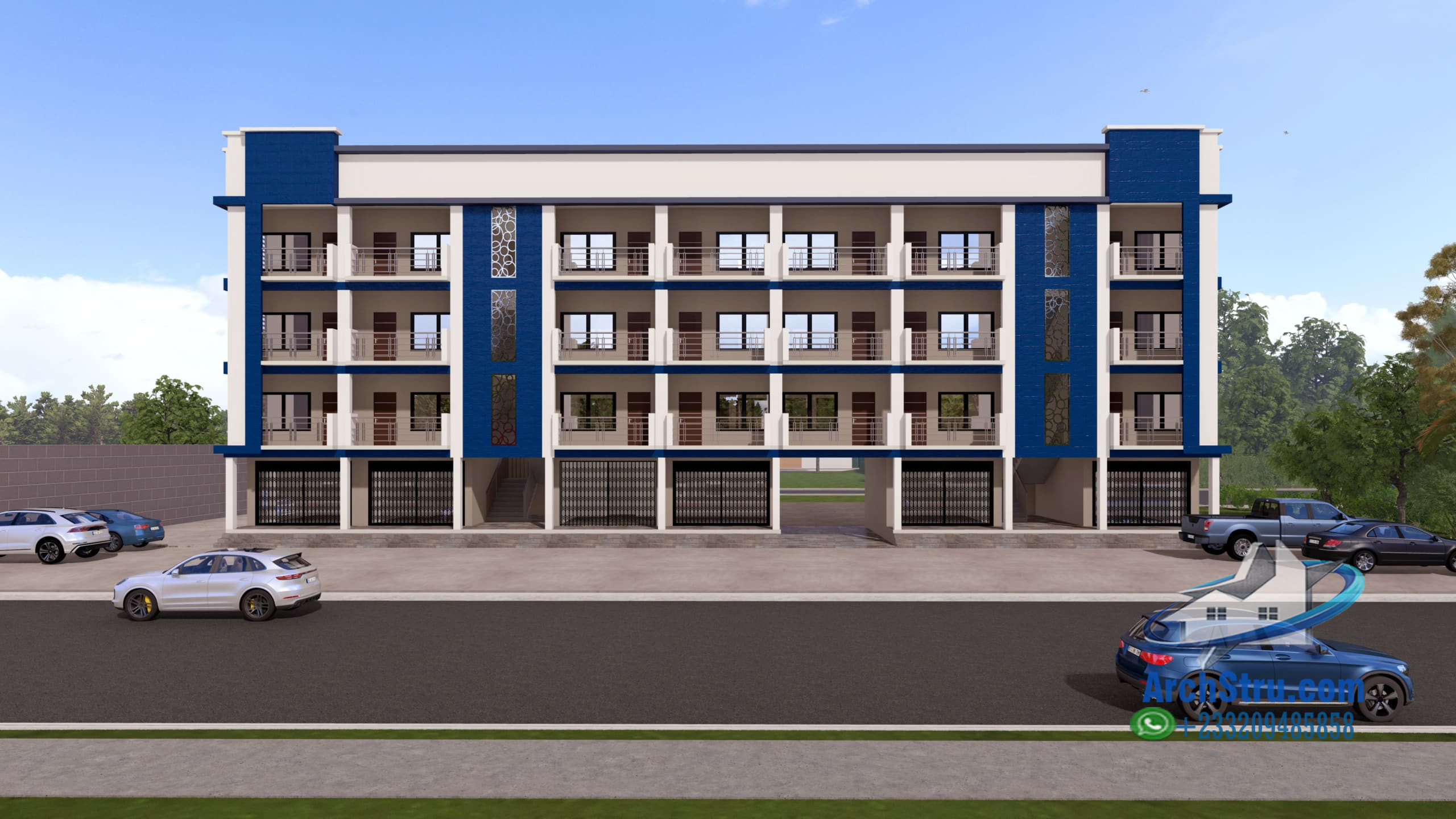 Contemporary Multi-Story Building Modern shop with apartments above in a multi-story building