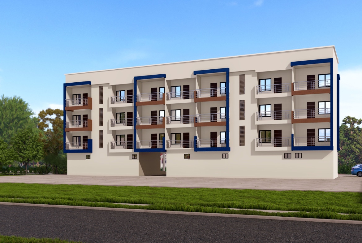 Modern shop and apartment building with multiple stories and balconies