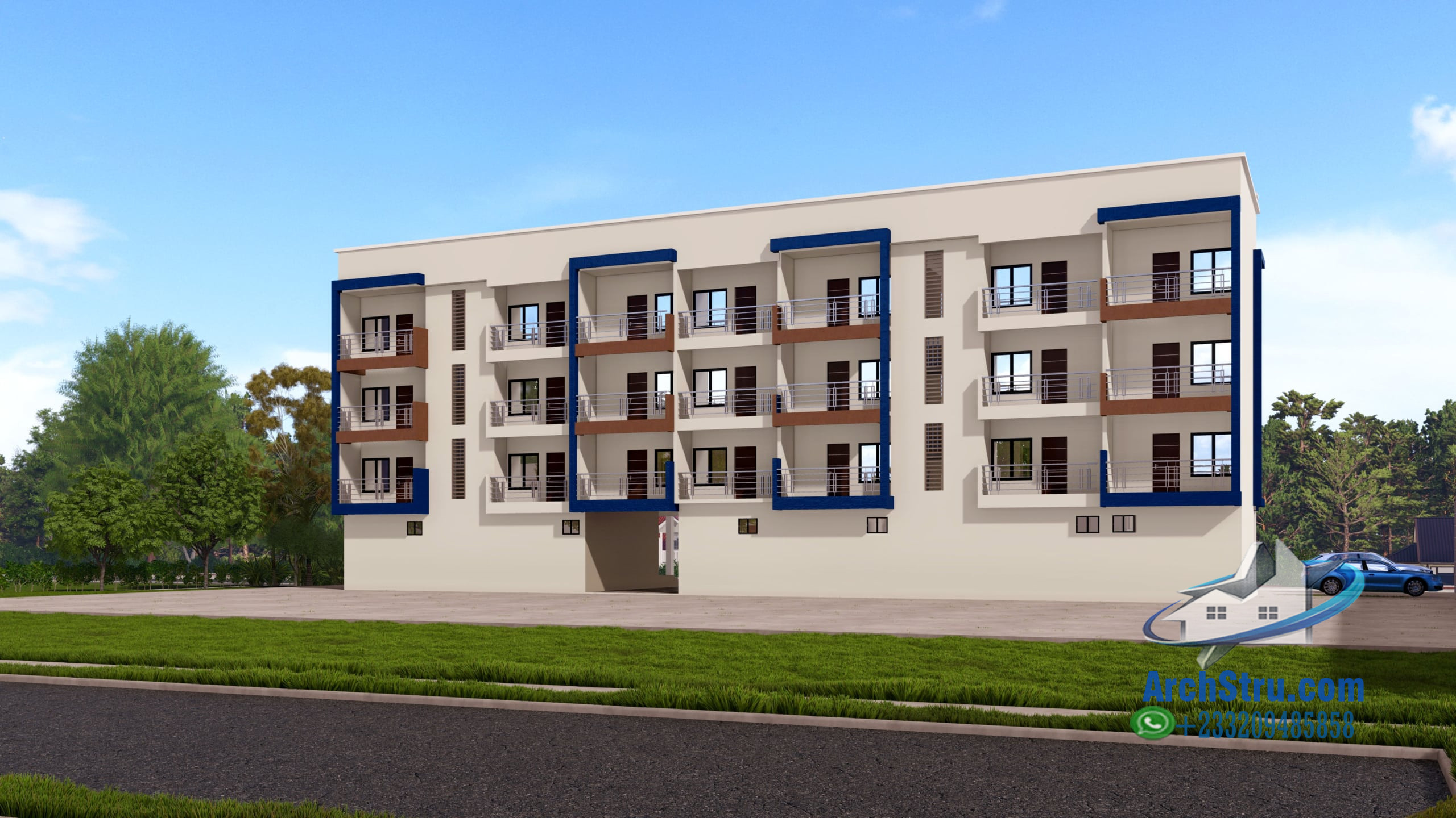 Contemporary Mixed-Use Building Modern shop and apartment building with multiple stories and balconies