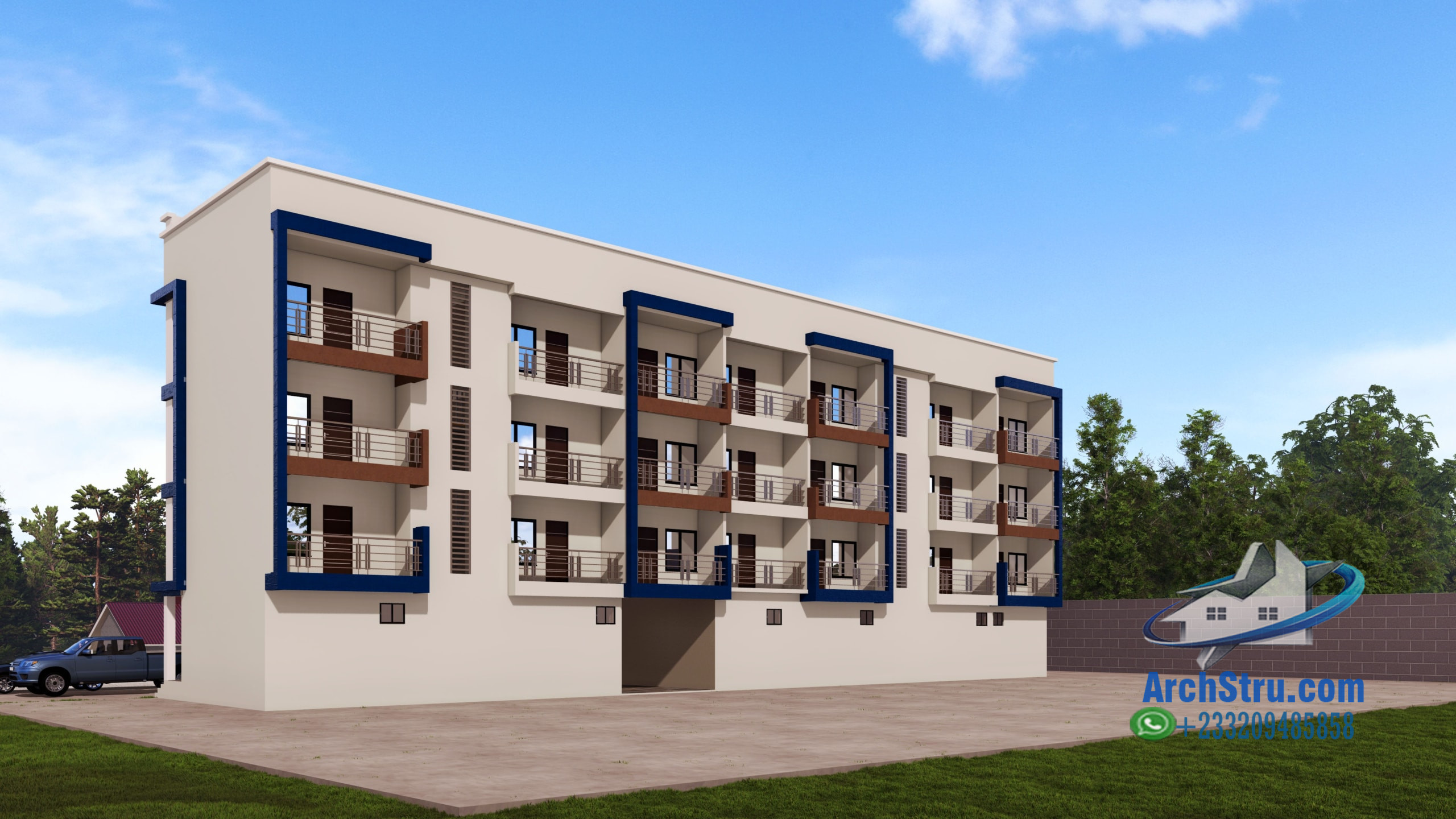 Contemporary Building with Shop and Apartments Modern shop with apartments above in a three-story building