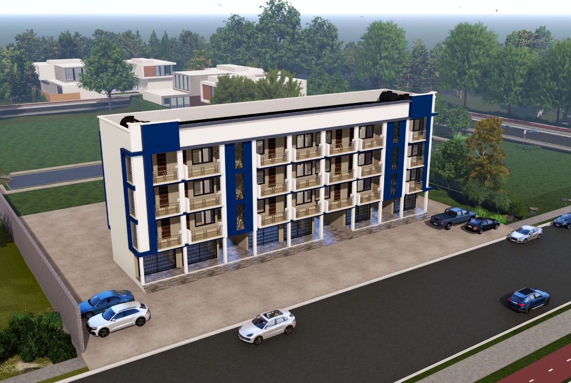 Modern shop and apartment building with parking lot