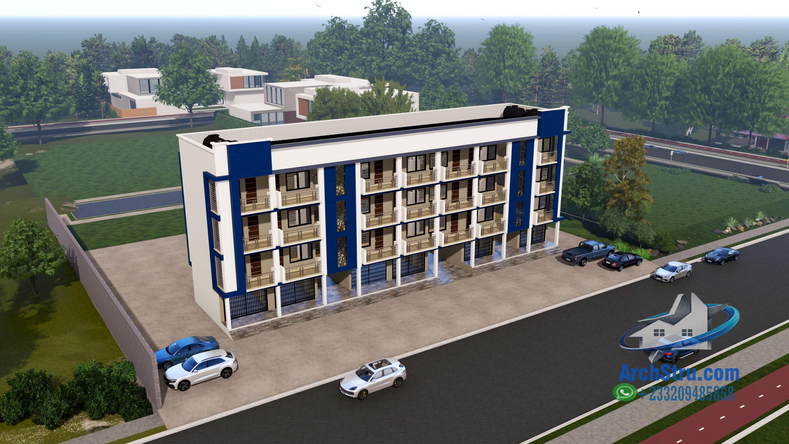 Contemporary Apartment and Shop Complex Modern shop and apartment building with parking lot